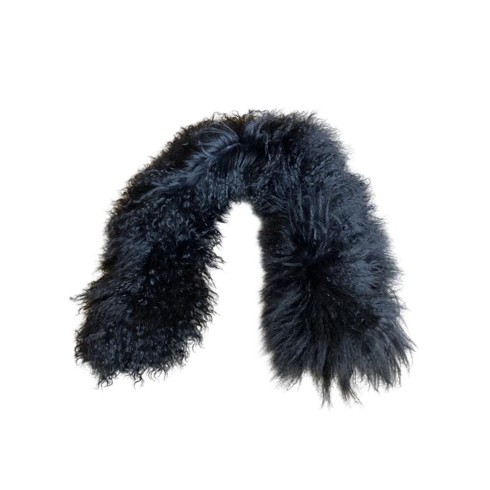 Adrienne Landau Genuine Black Mongolian Lamb Fur Scarf Shawl Collar Boa